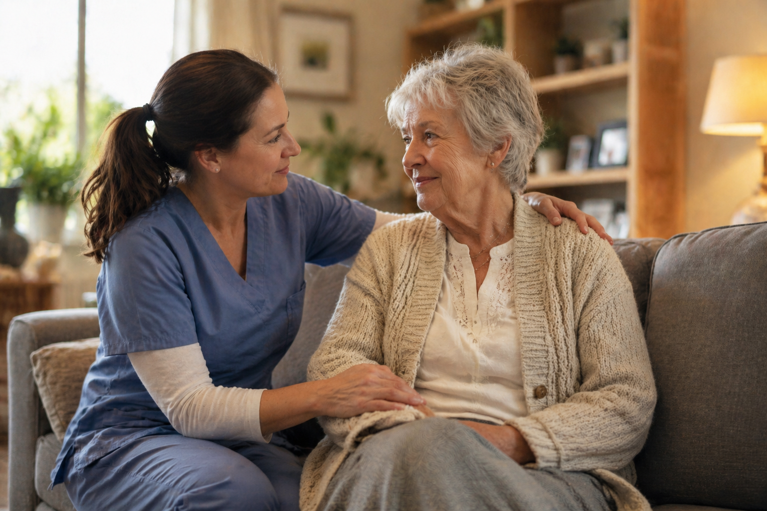 Caregiver providing compassionate care to an older adult at home